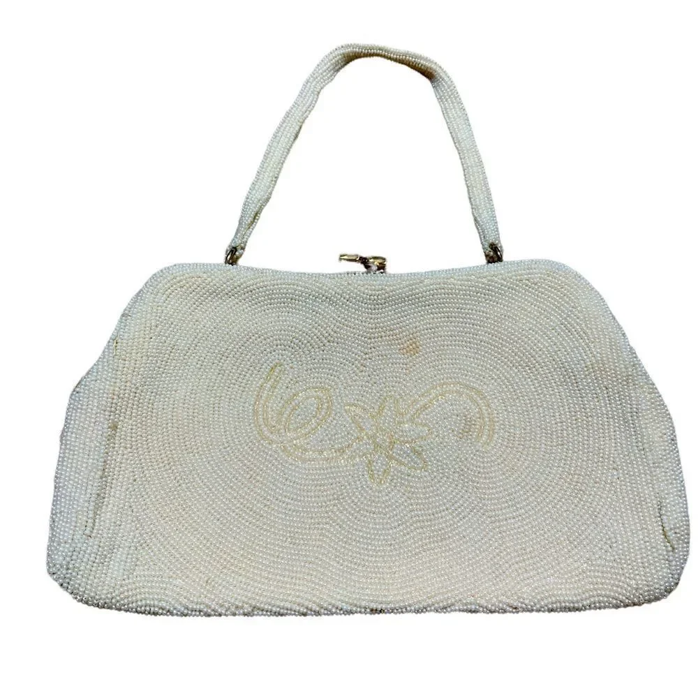 Mini vintage beaded White clutch with gold kiss lock